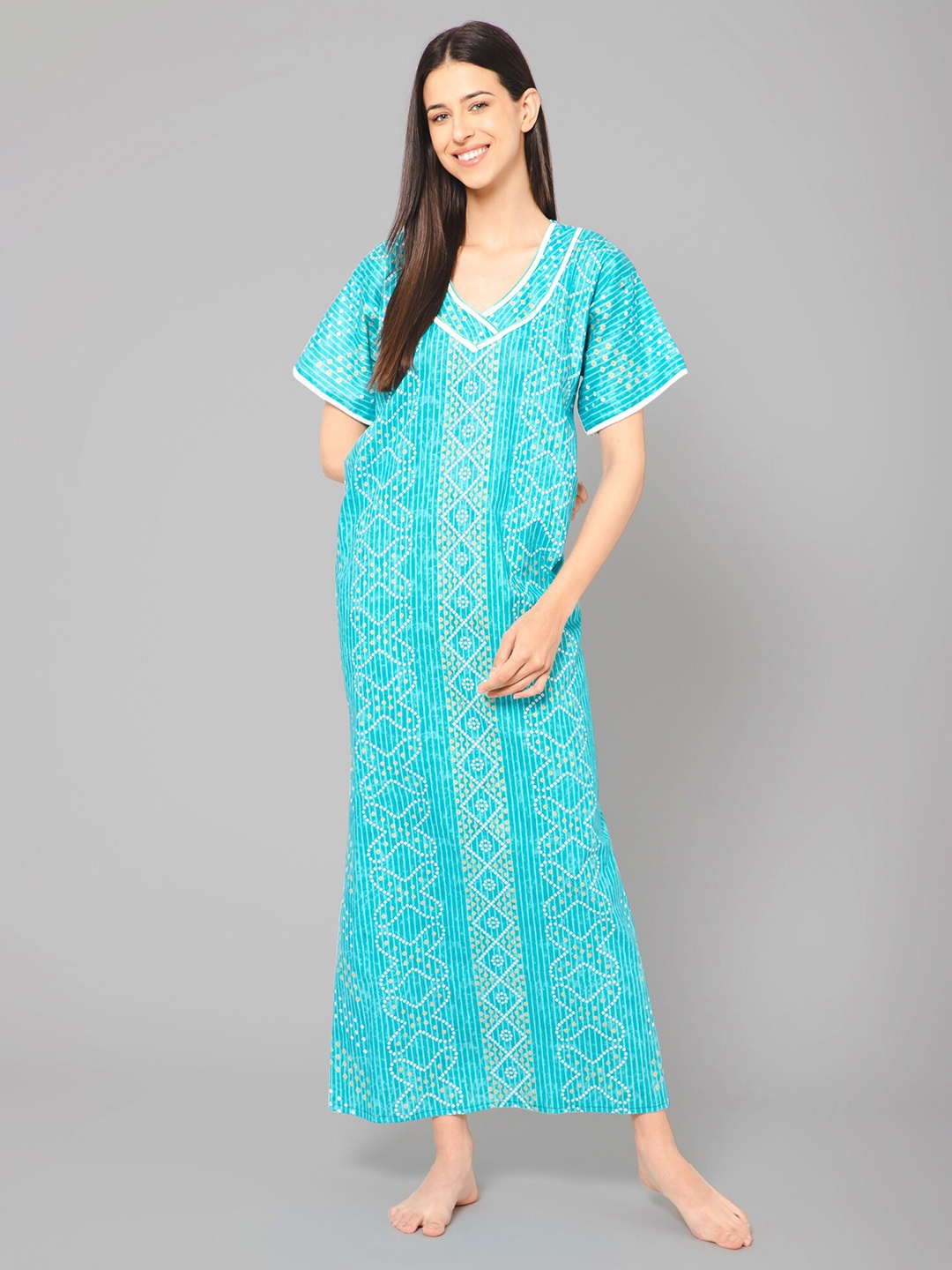 

Winza Designer Ethnic Motifs Printed Pure Cotton Maxi Nightdress, Blue