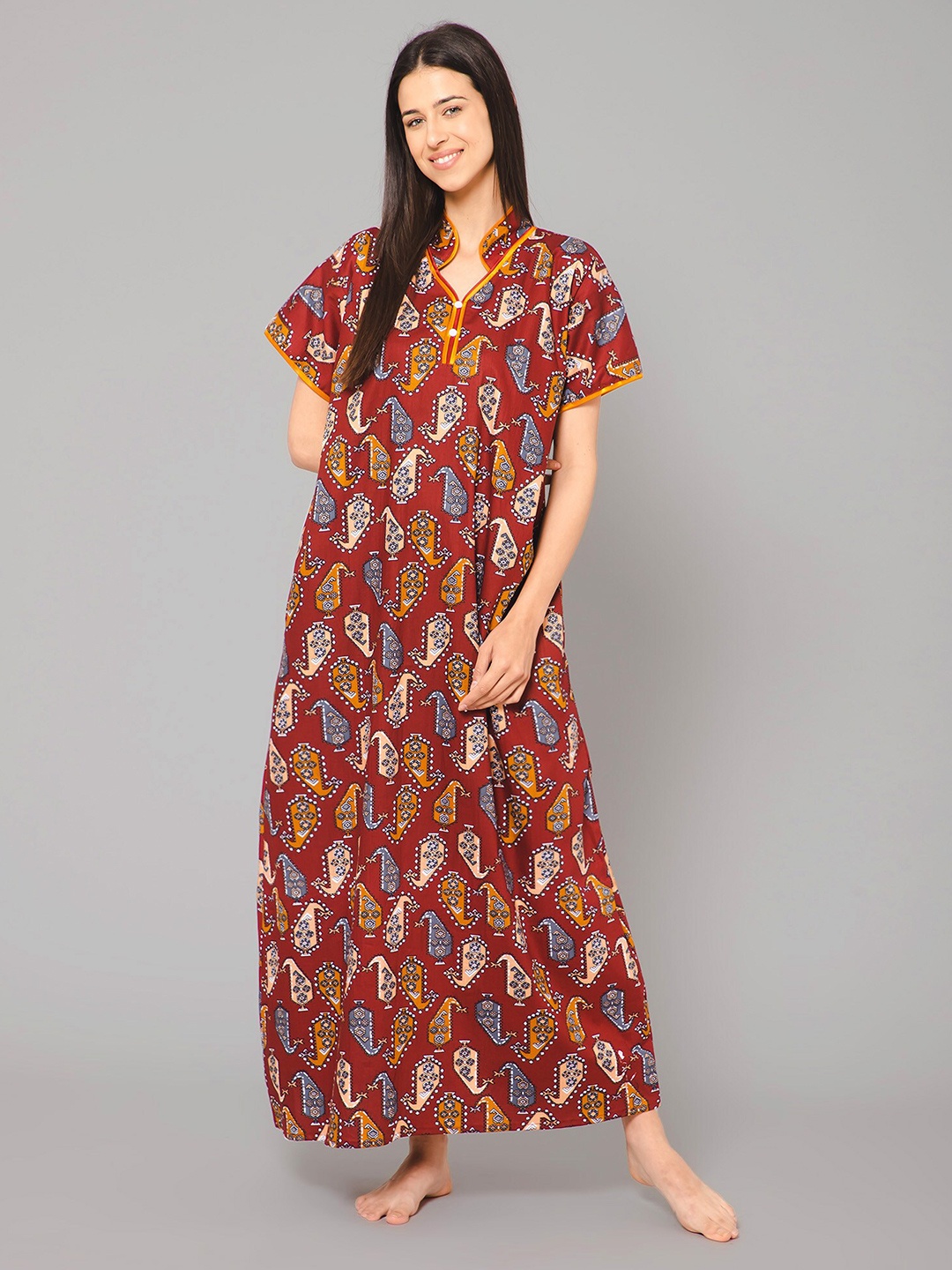 

Winza Designer Ethnic Motifs Printed Pure Cotton Maxi Nightdress, Maroon