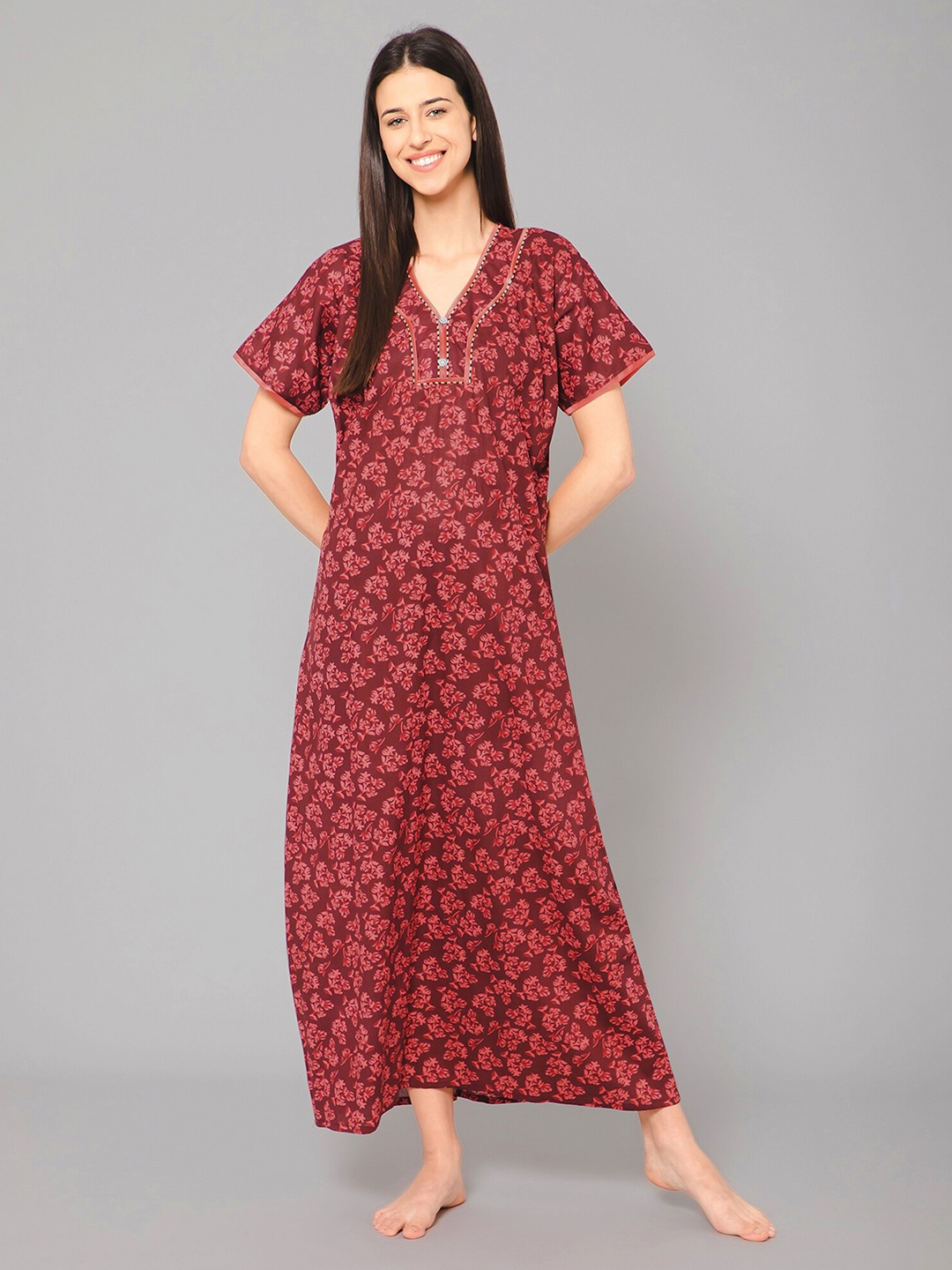 

Winza Designer Floral Printed Pure Cotton Maxi Nightdress, Maroon