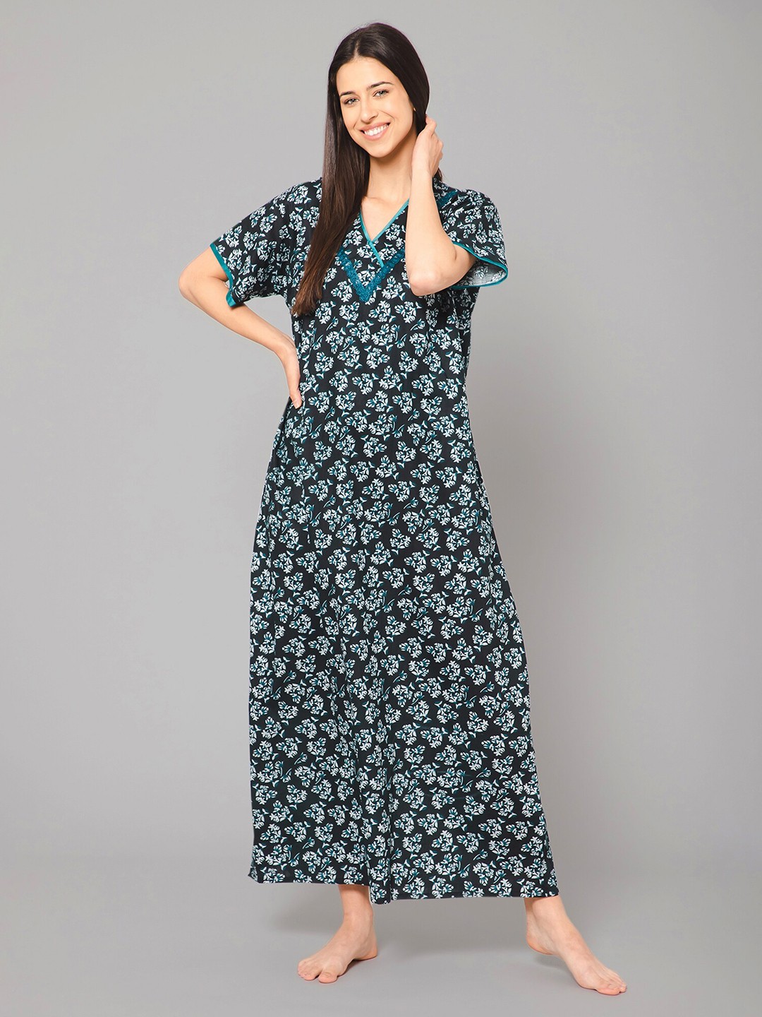 Winza Designer Floral Printed Pure Cotton Maxi Nightdress, Green