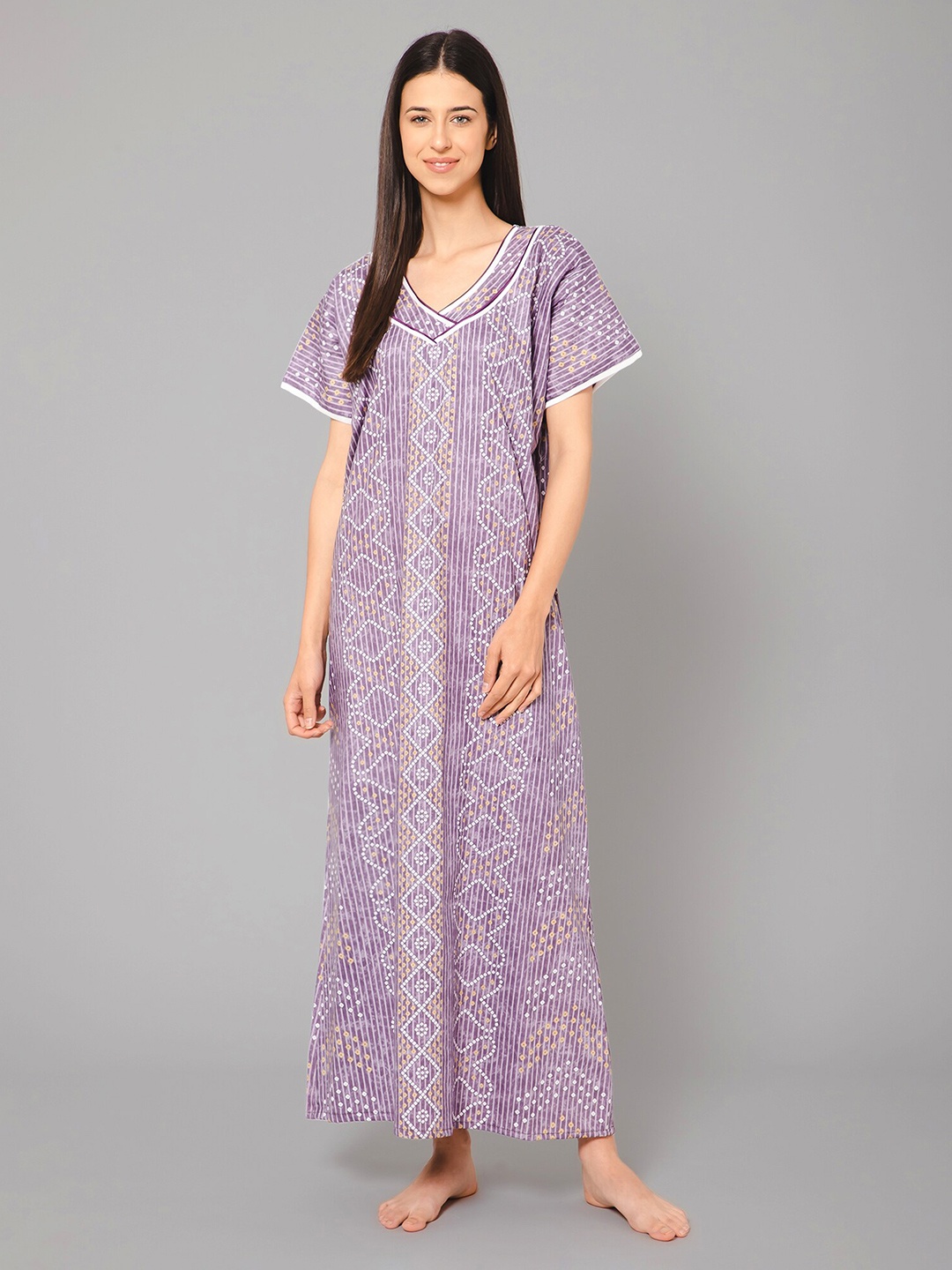 

Winza Designer Ethnic Motifs Printed Pure Cotton Maxi Nightdress, Purple