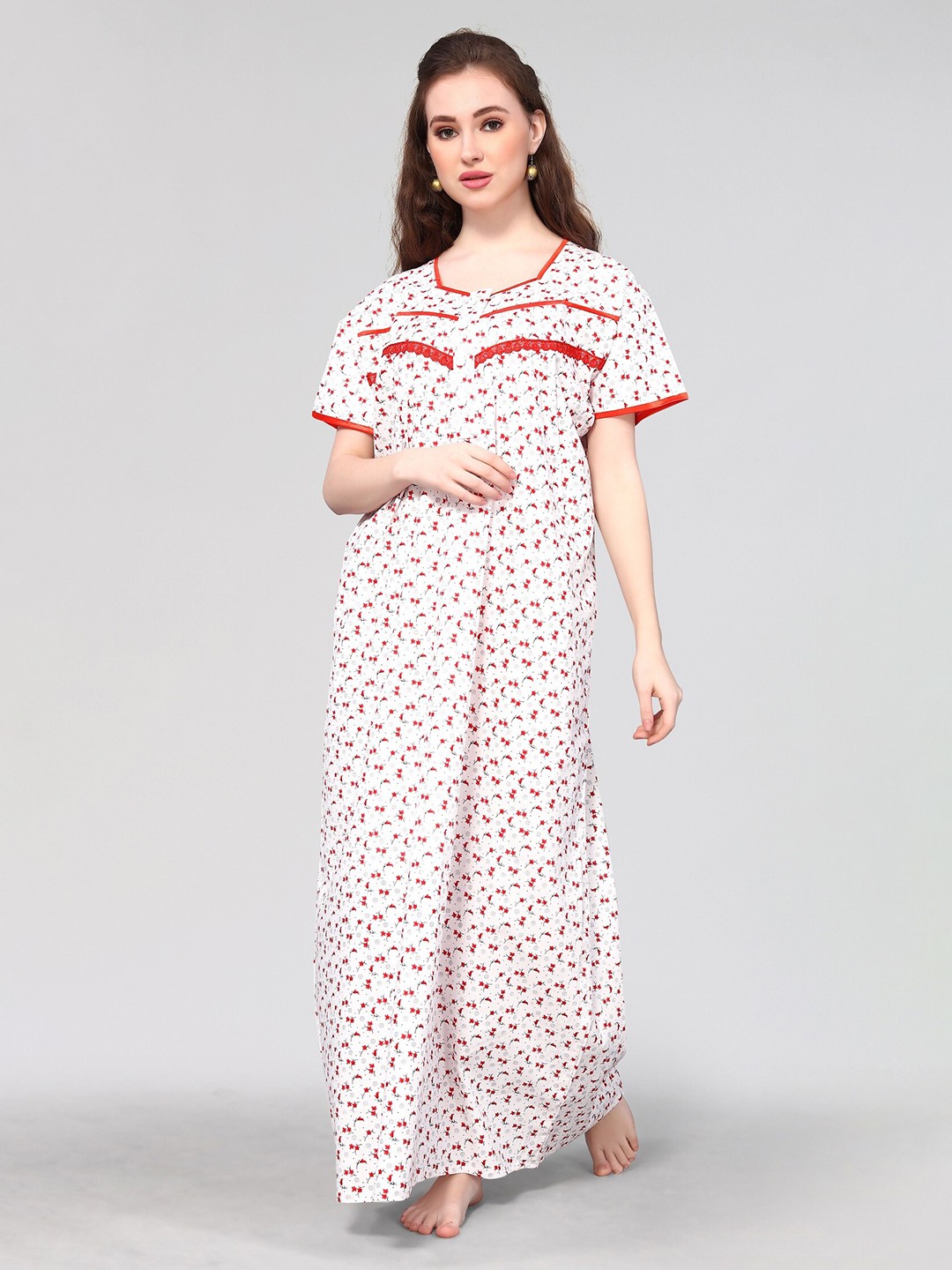 

Winza Designer Floral Printed Pure Cotton Maxi Nightdress, White