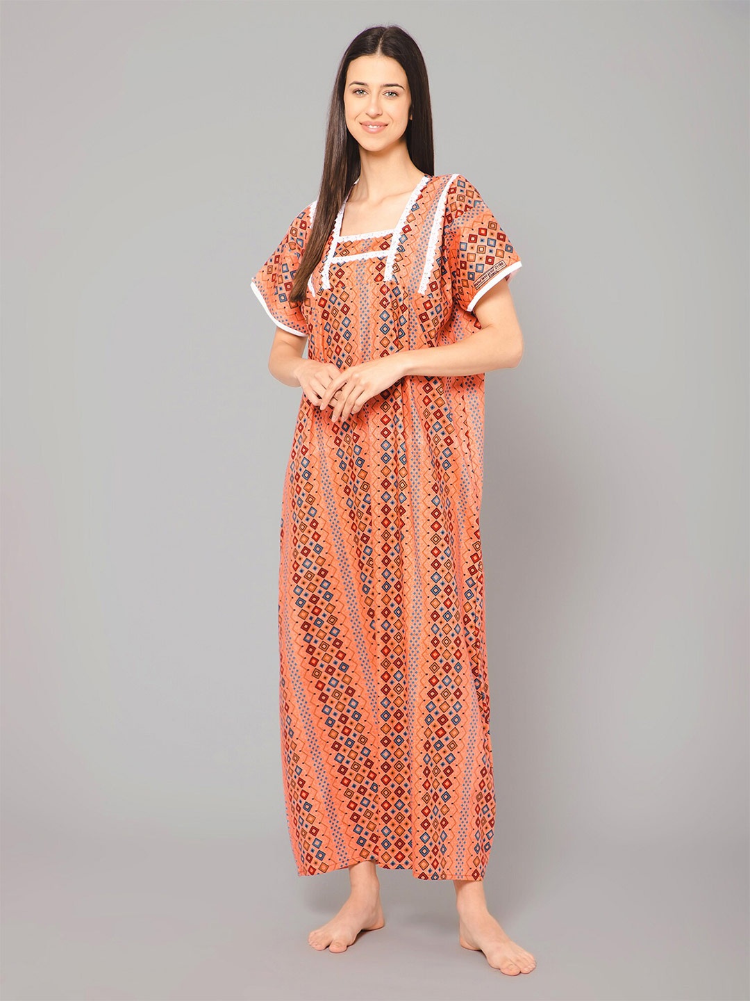 

Winza Designer Geometric Printed Pure Cotton Maxi Nightdress, Peach