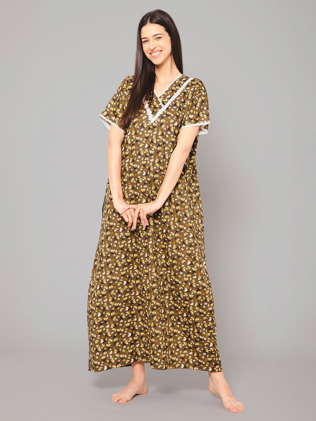 

Winza Designer Floral Printed Pure Cotton Maxi Nightdress, Brown