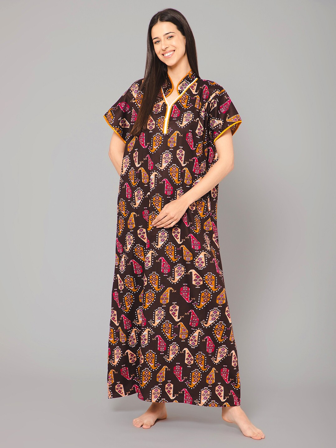 

Winza Designer Ethnic Motifs Printed Pure Cotton Maxi Nightdress, Brown