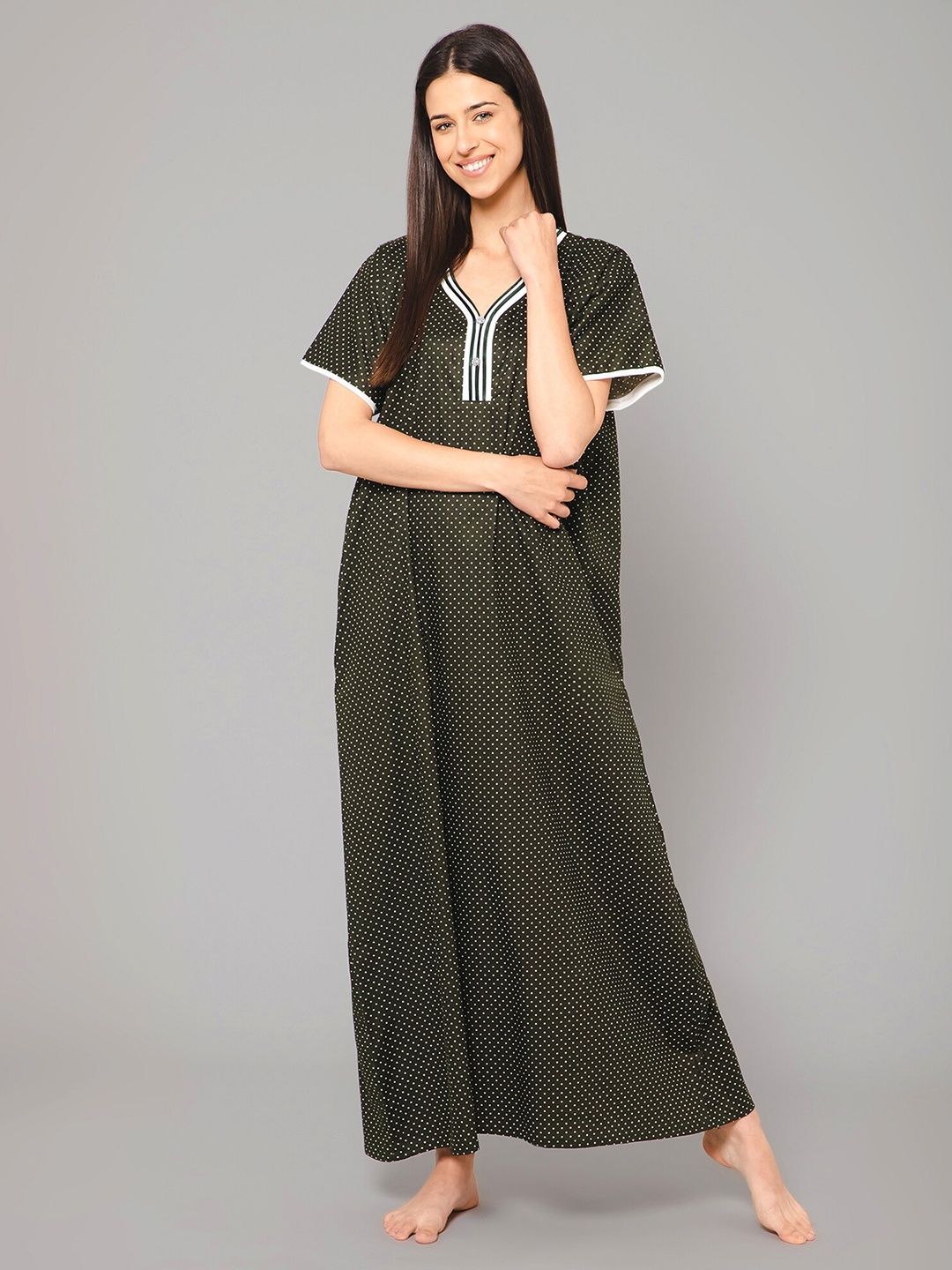 

Winza Designer Polka Dots Printed Pure Cotton Maxi Nightdress, Green