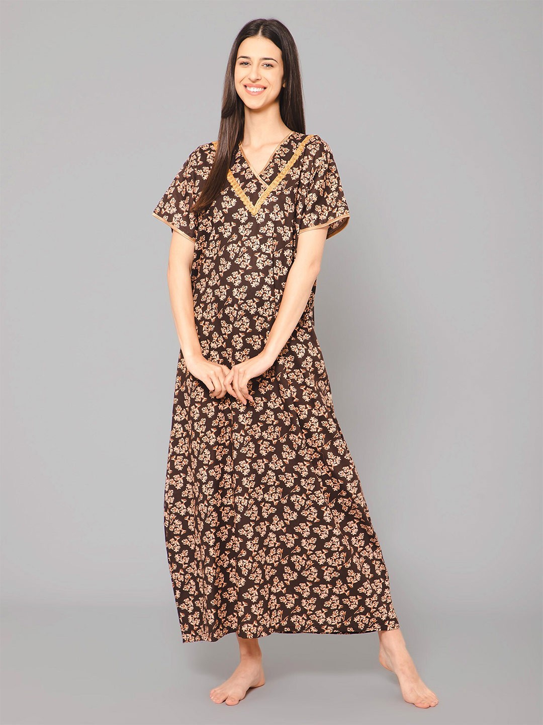 

Winza Designer Floral Printed Pure Cotton Maxi Nightdress, Brown