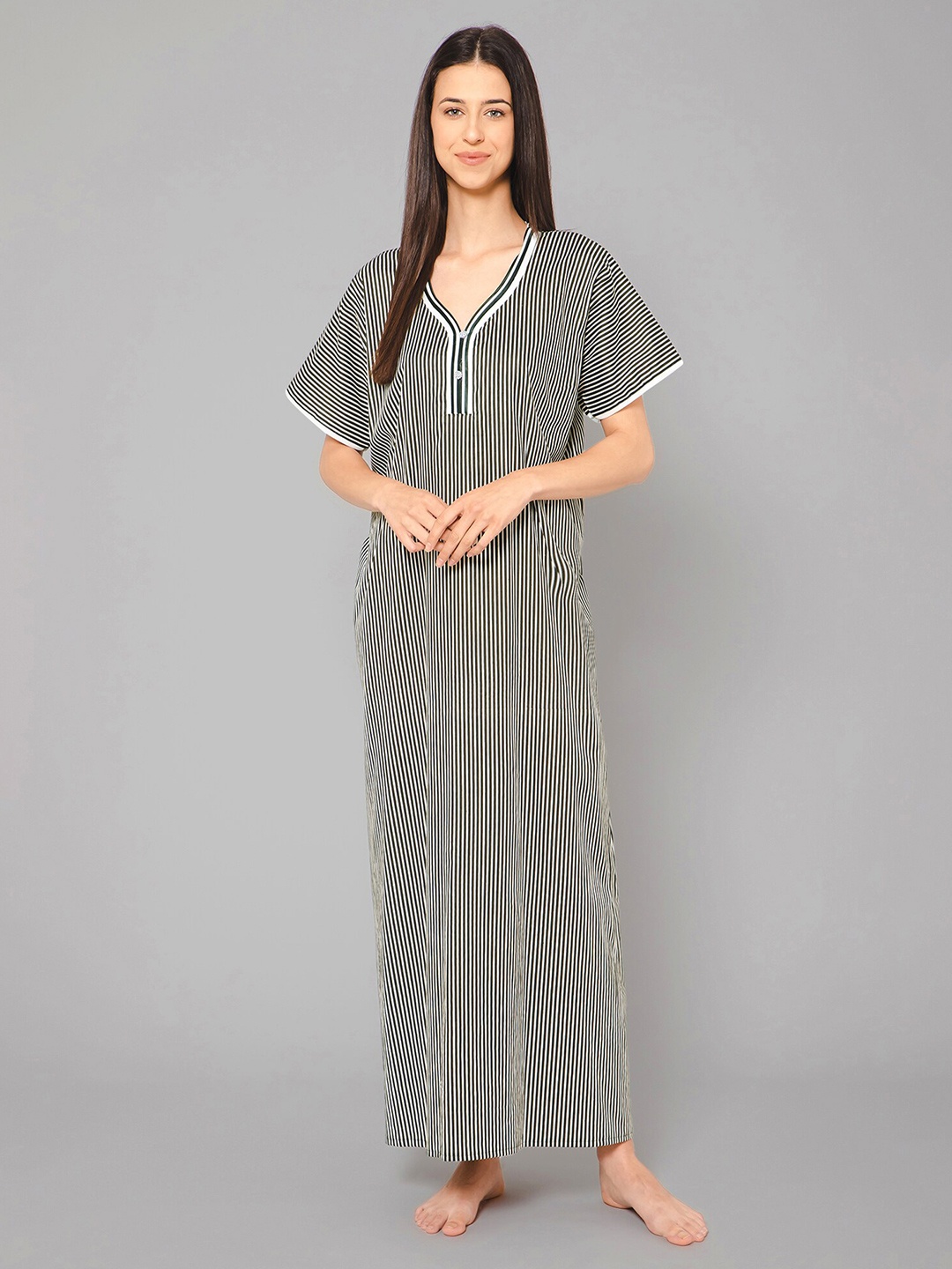 

Winza Designer Striped Pure Cotton Maxi Nightdress, Green