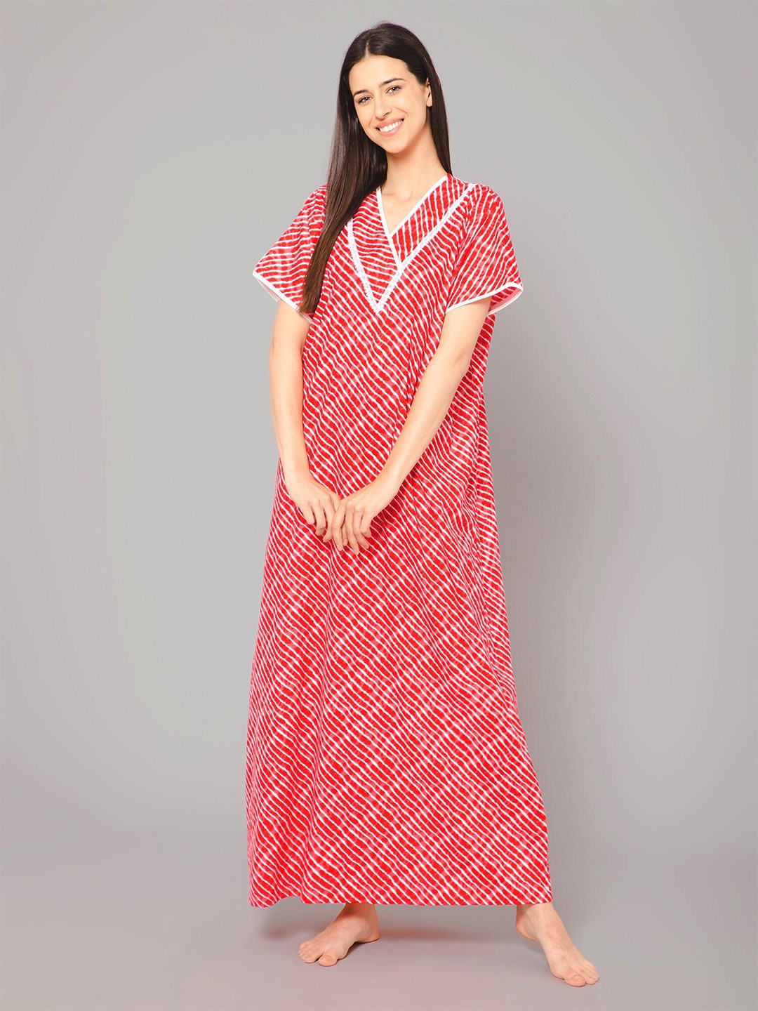 

Winza Designer Striped Pure Cotton Maxi Nightdress, Red