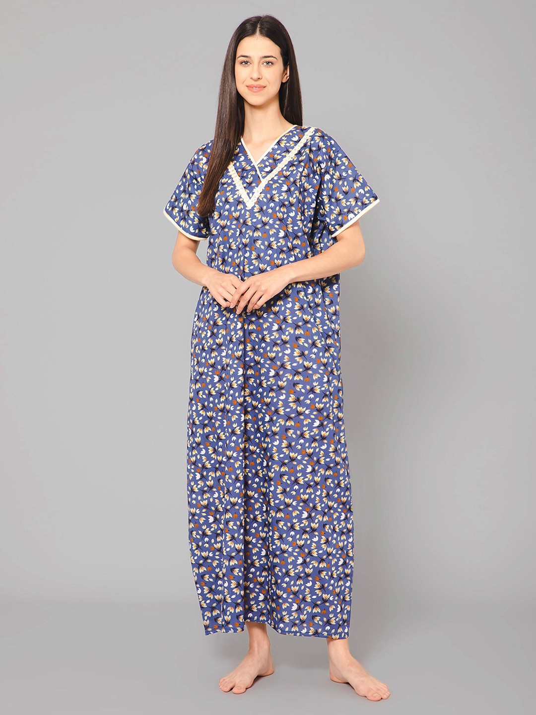 

Winza Designer Floral Printed Pure Cotton Maxi Nightdress, Navy blue