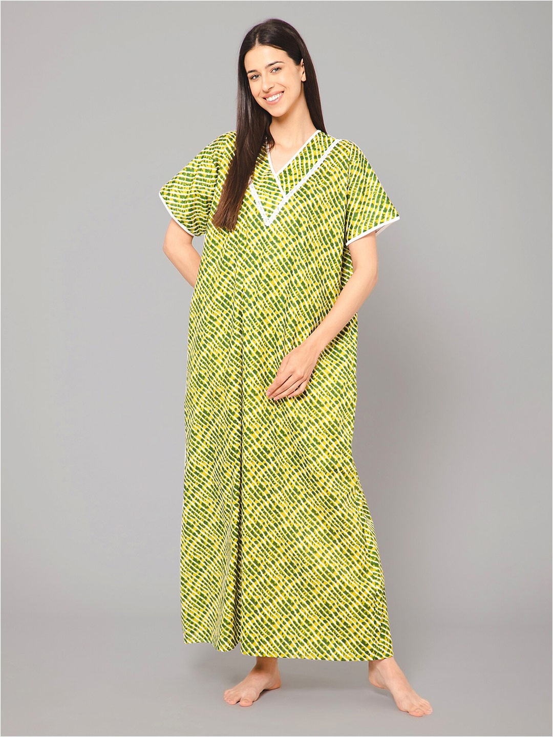 

Winza Designer Striped Pure Cotton Maxi Nightdress, Green