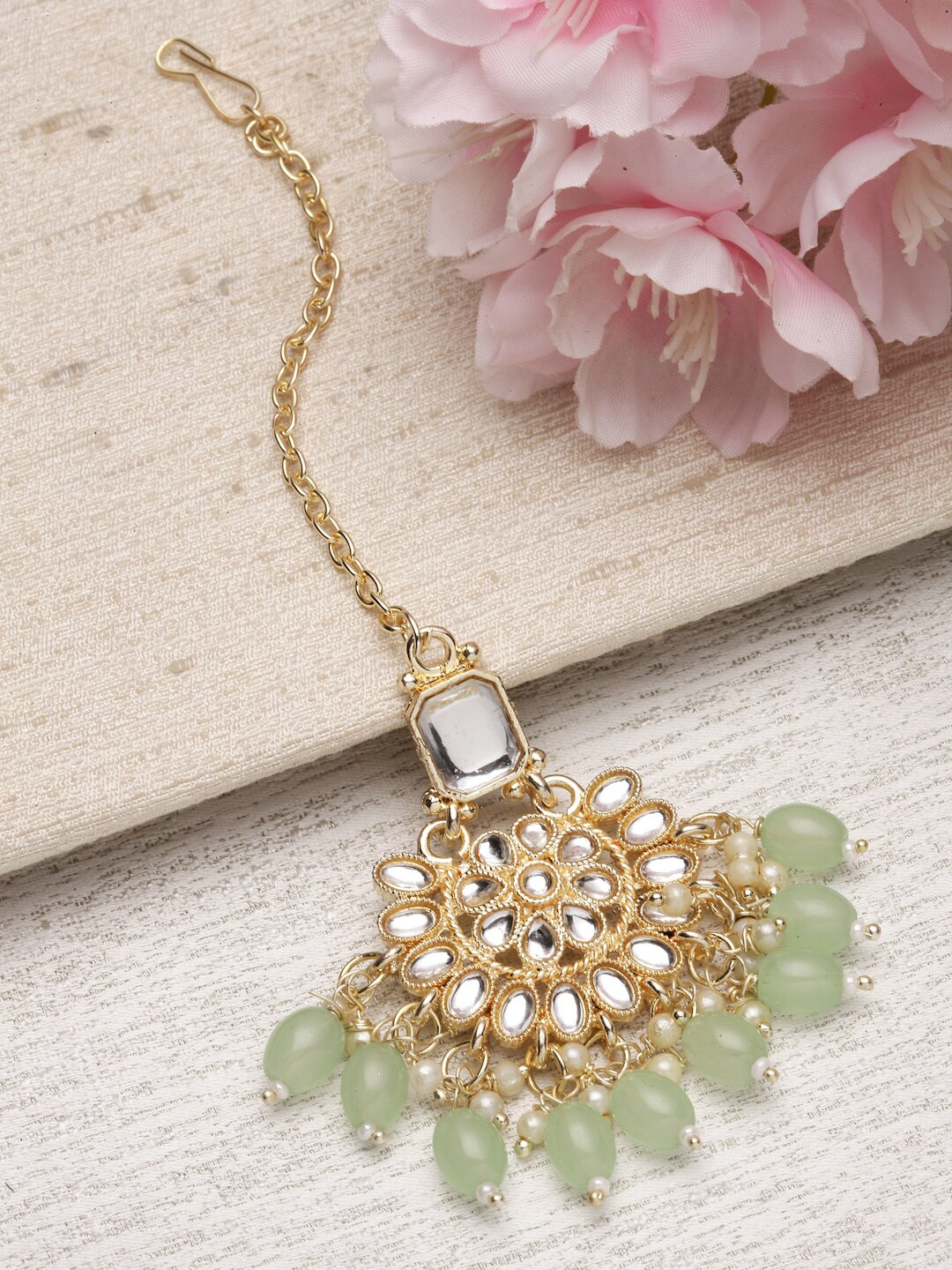 

ZENEME Gold-Plated Kundan-Studded & Beaded Maang Tikka