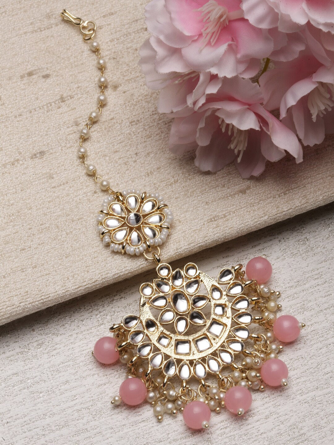 ZENEME Gold-Plated Kundan Studded & Beaded Maang Tikka
