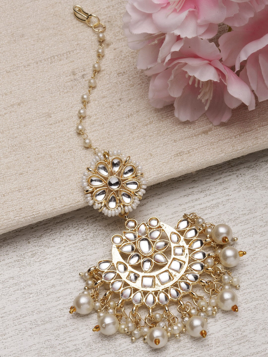 

ZENEME Gold-Plated Kundan Studded & Beaded Maang Tikka