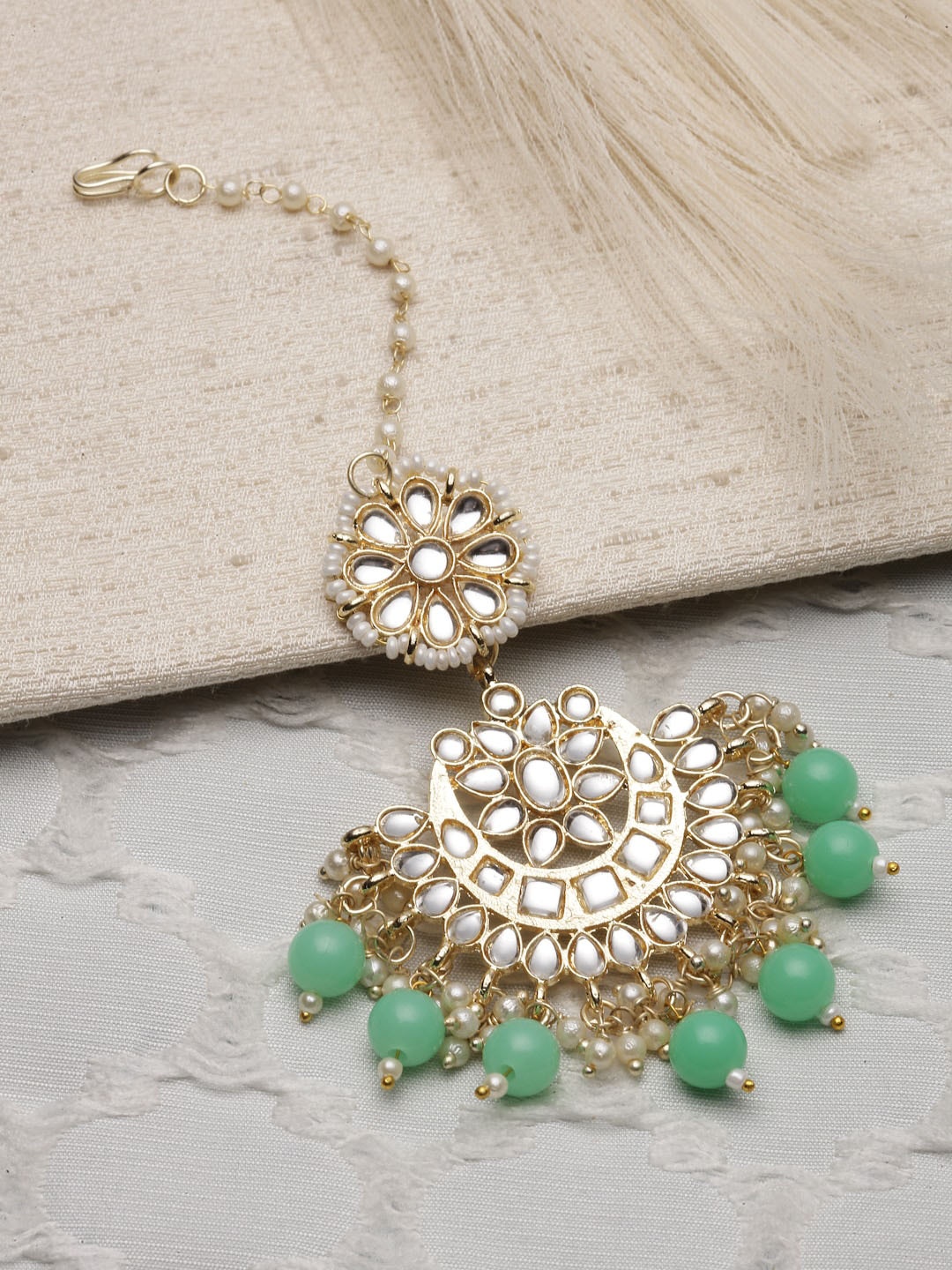 

ZENEME Gold-Plated Kundan-Studded & Beaded Maang Tikka