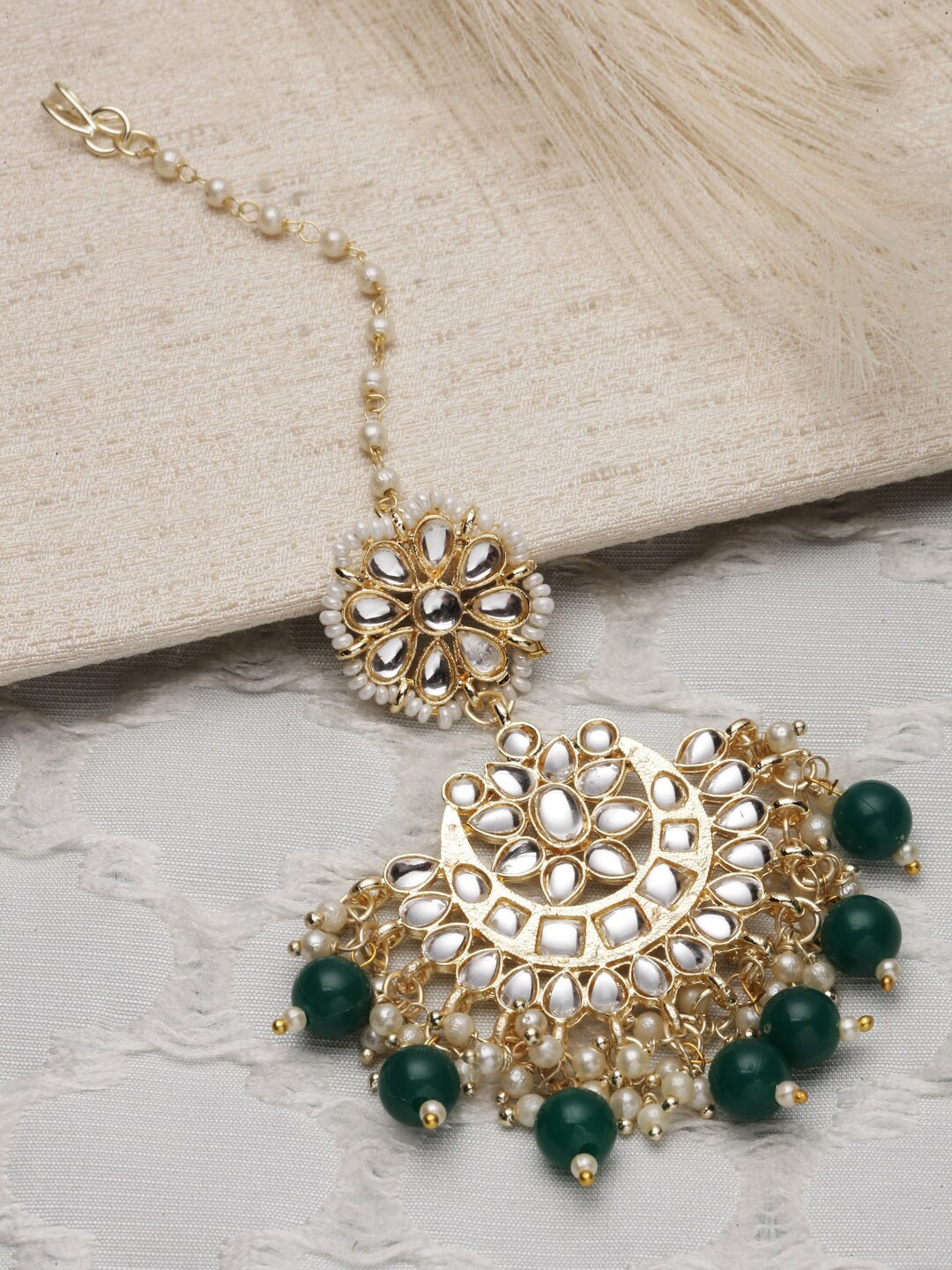 

ZENEME Gold-Plated Stone-Studded & Beaded Maang Tikka