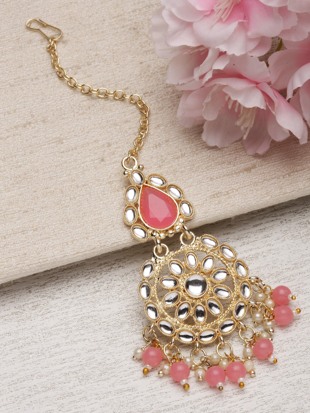 

ZENEME Gold-Plated Kundan-Studded & Beaded Maang Tikka