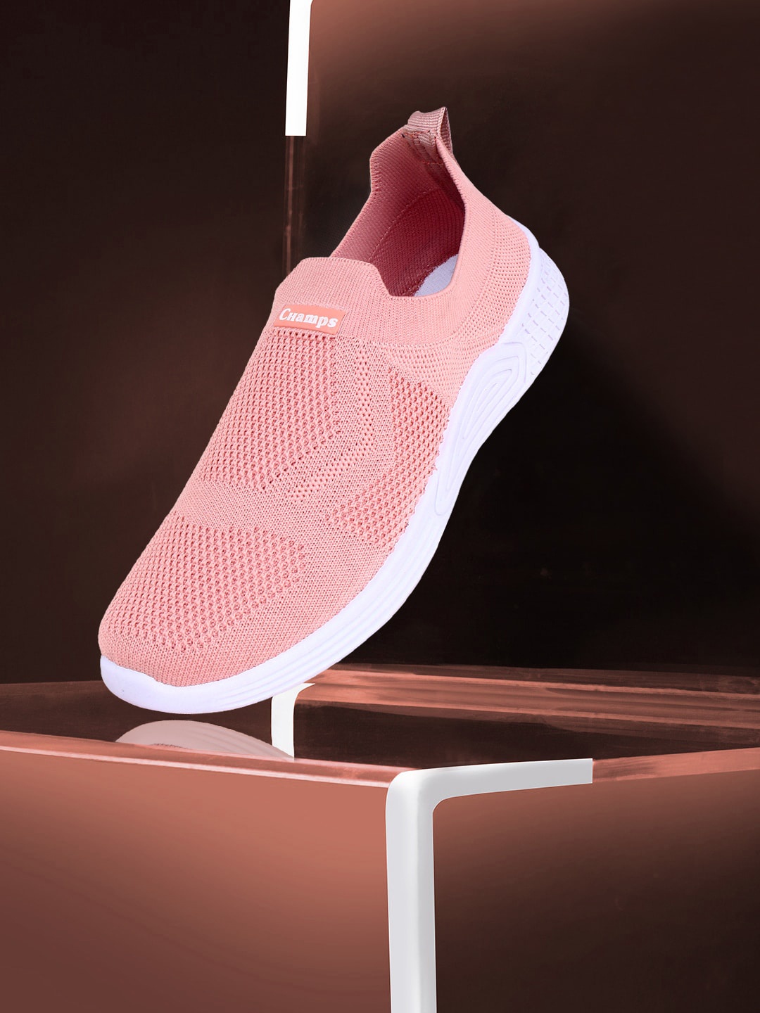 

Champs Women Woven Design Lightweight Mesh Contrast Sole Slip -On Sneakers, Peach