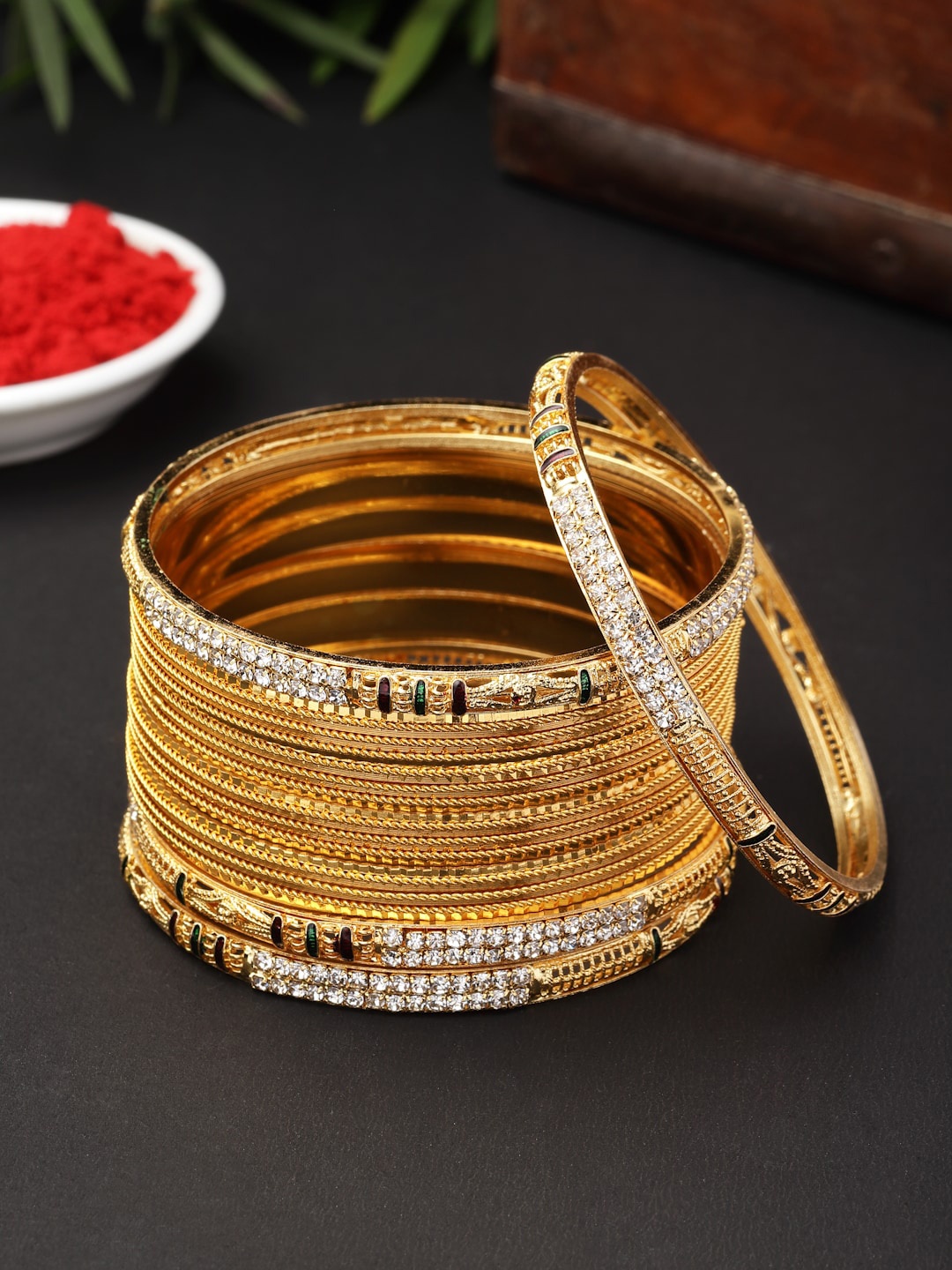 

ZENEME Set Of 16 Gold-Plated & Crystal-Studded Classic Bangles