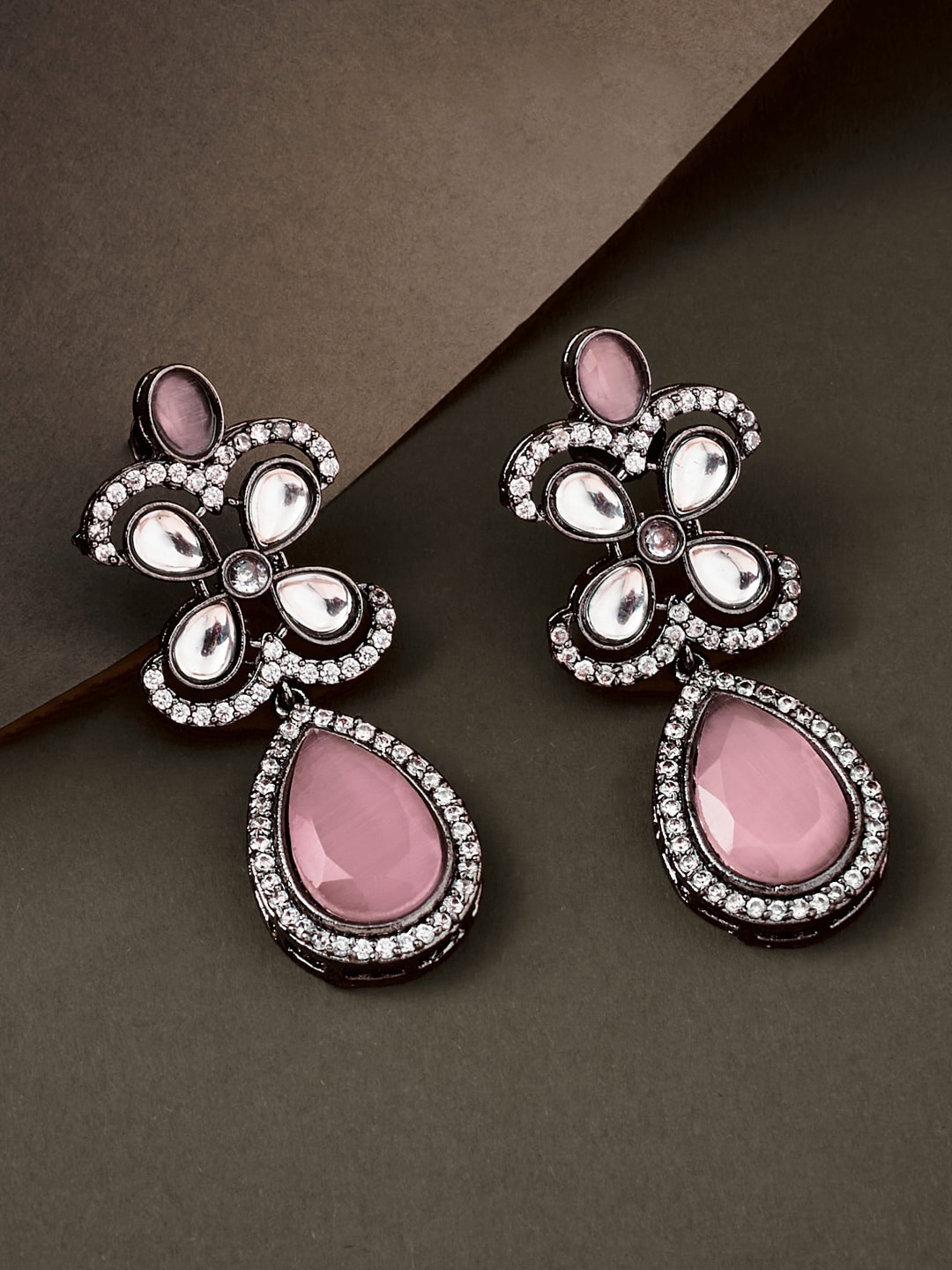 

ATIBELLE German Silver-Plated Contemporary American Diamond Studded Drop Earrings