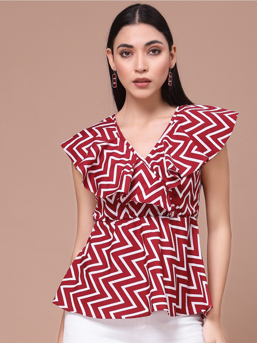 

Oomph! Geometric Printed V-Neck Flared Sleeves Wrap Top, Maroon