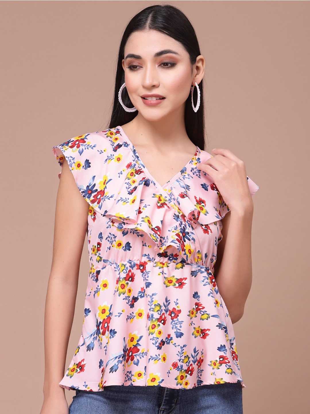 Oomph! Geometric Printed V-Neck Flared Sleeves Wrap Top, Pink