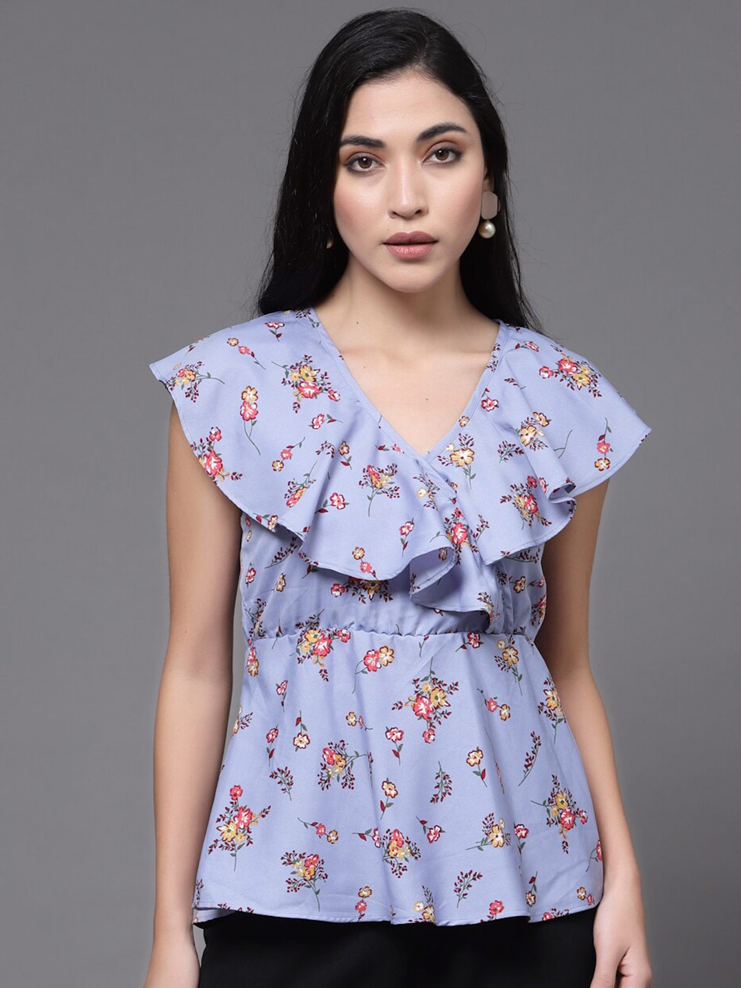 

Oomph! Floral Printed Flutter Sleeves Ruffled Peplum Top, Grey