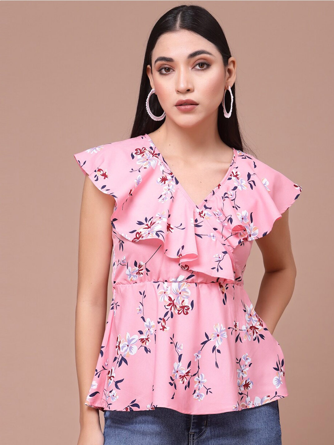 

Oomph! Floral Printed Flutter Sleeves Ruffled Peplum Top, Pink