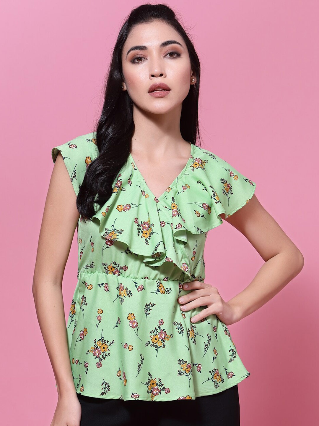 Oomph! Geometric Printed V-Neck Flared Sleeves Wrap Top, Green