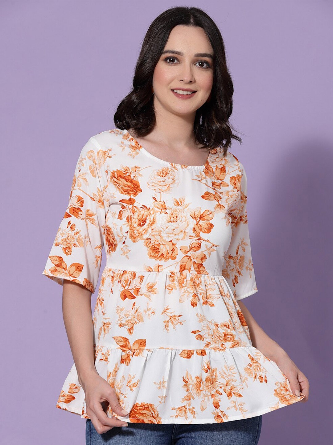 

Oomph! Floral Printed Gathered A-Line Top, White
