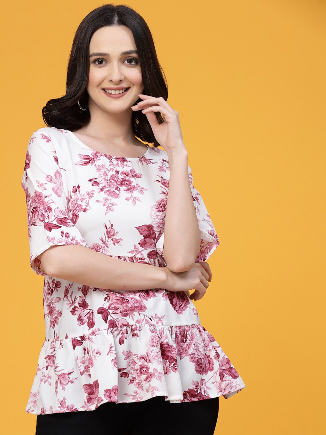 

Oomph! Floral Printed Gathered A-Line Top, White
