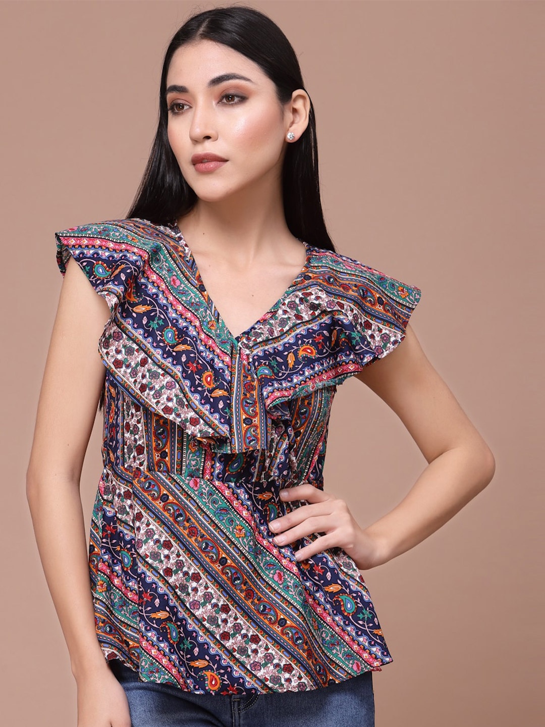 

Oomph! Tribal Printed Flutter Sleeves Peplum Top, Green
