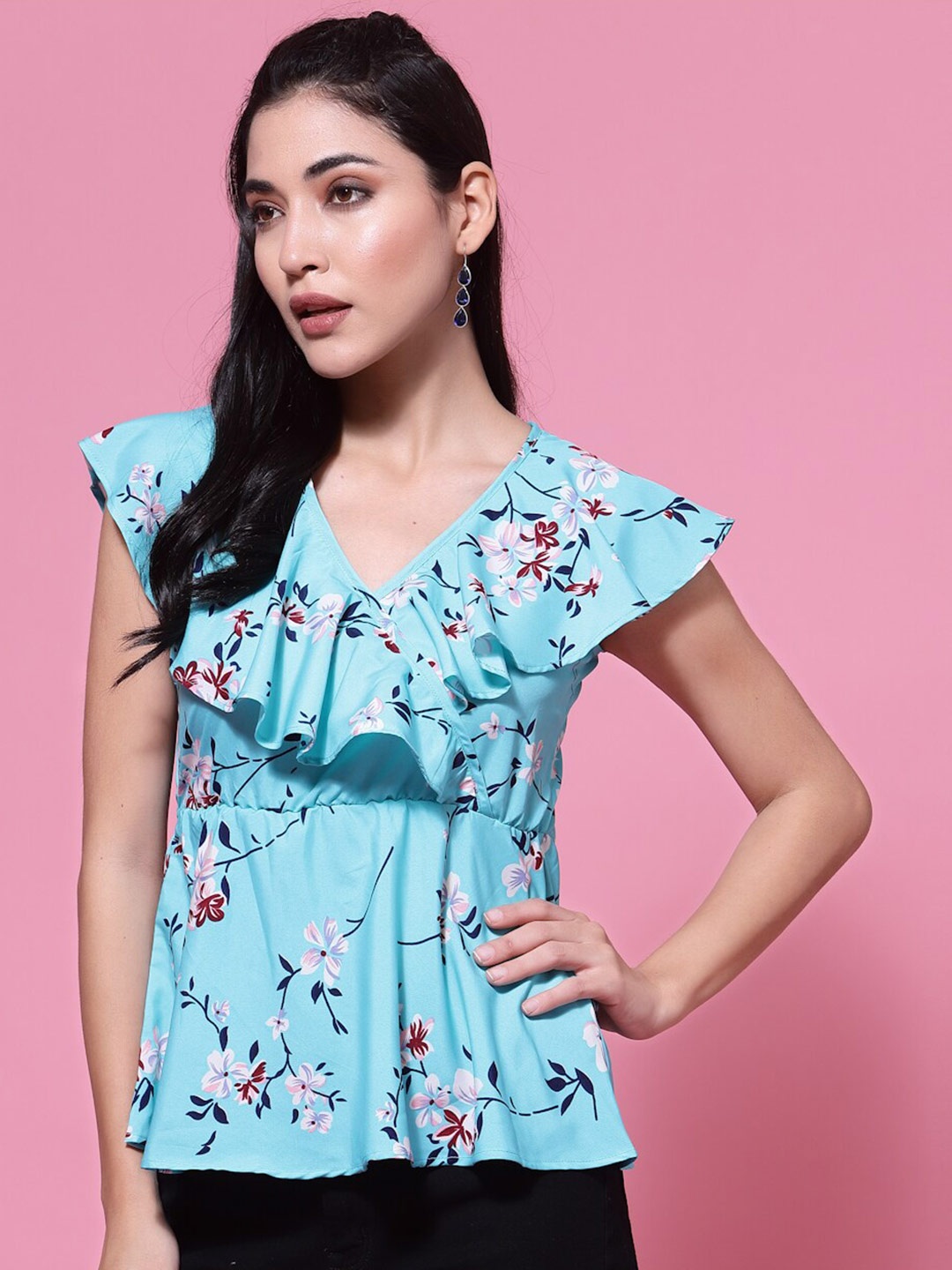 

Oomph! Floral Printed Flutter Sleeves Ruffled Peplum Top, Blue