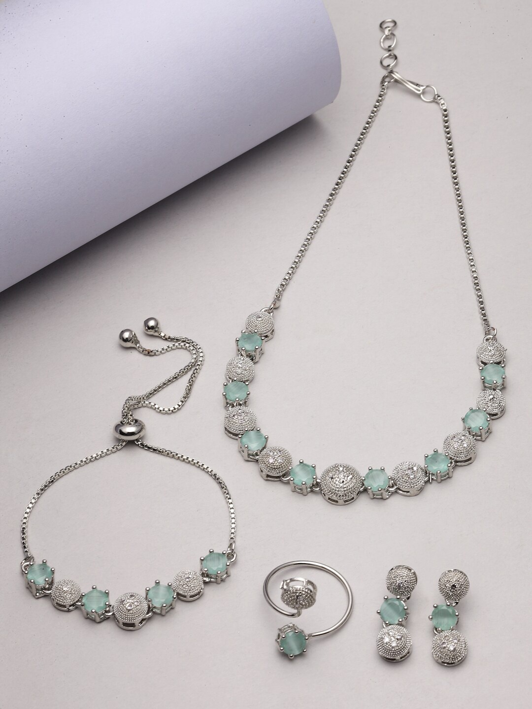 ZENEME Rhodium-Plated AD-Studded & Beaded Jewellery Set, Silver