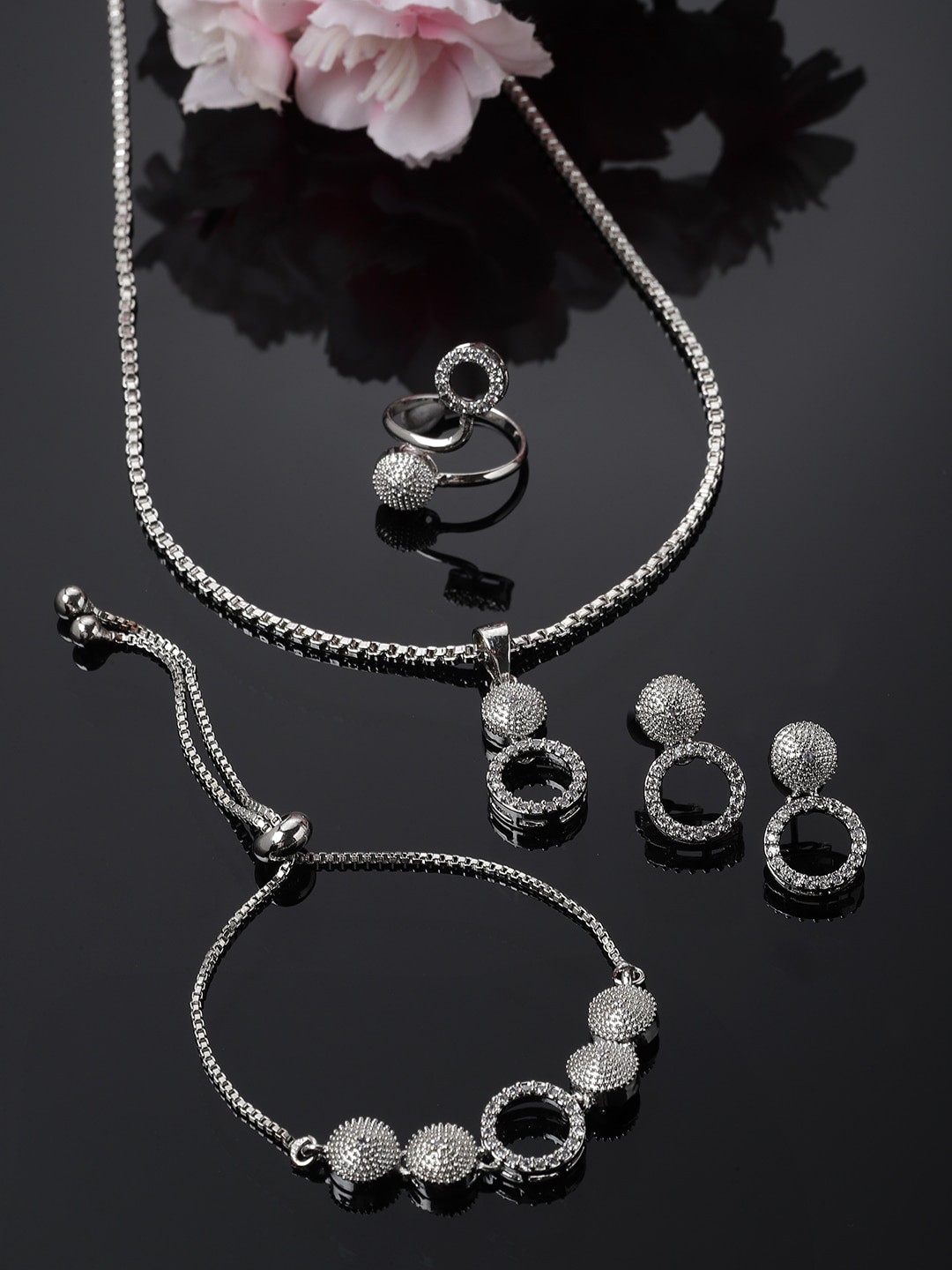 

ZENEME Rhodium-Plated AD-Studded & Beaded Jewellery Set, Silver