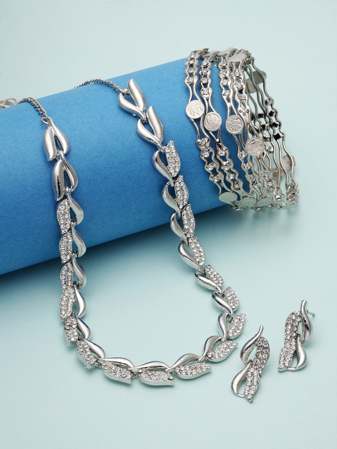 

ZENEME Silver-Plated & AD-Studded Oxidised Necklace With Earrings & Bangle Set