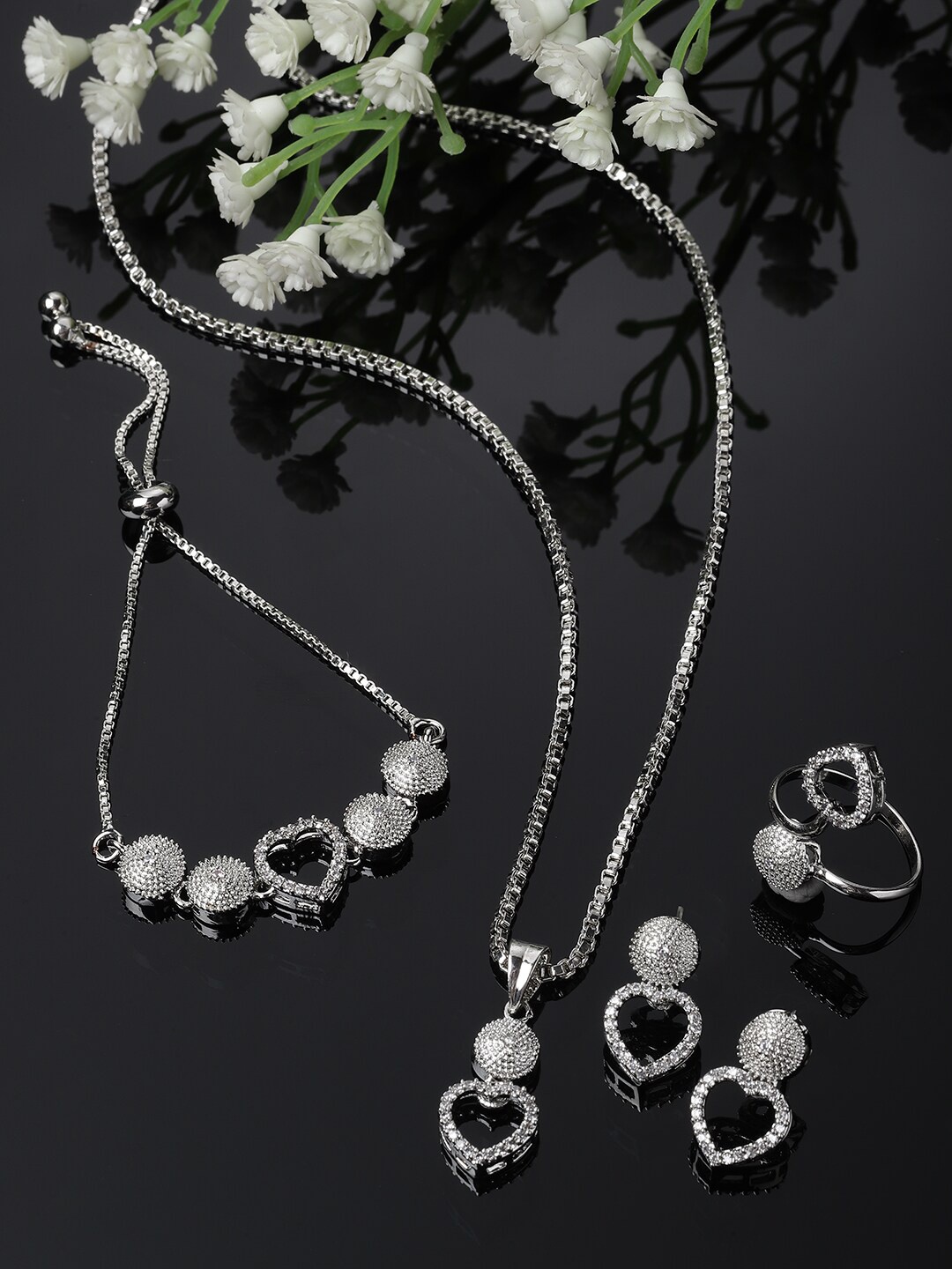 ZENEME Rhodium-Plated AD Studded Jewellery Set, Silver
