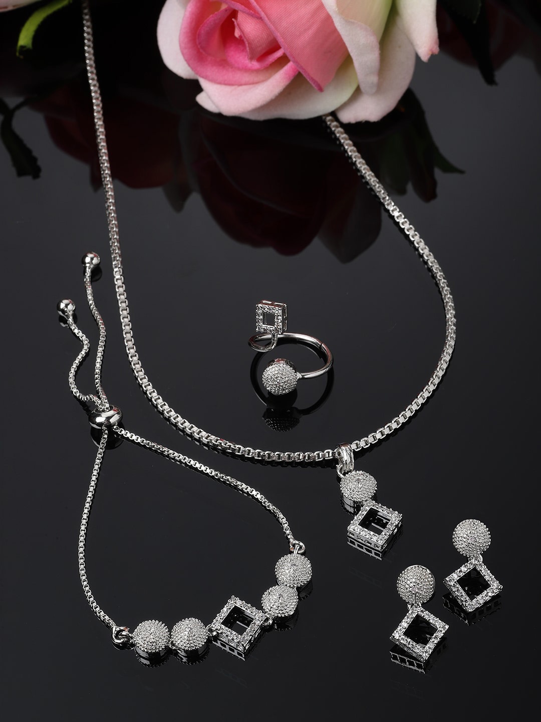 

ZENEME Rhodium-Plated AD Studded Jewellery Set, Silver