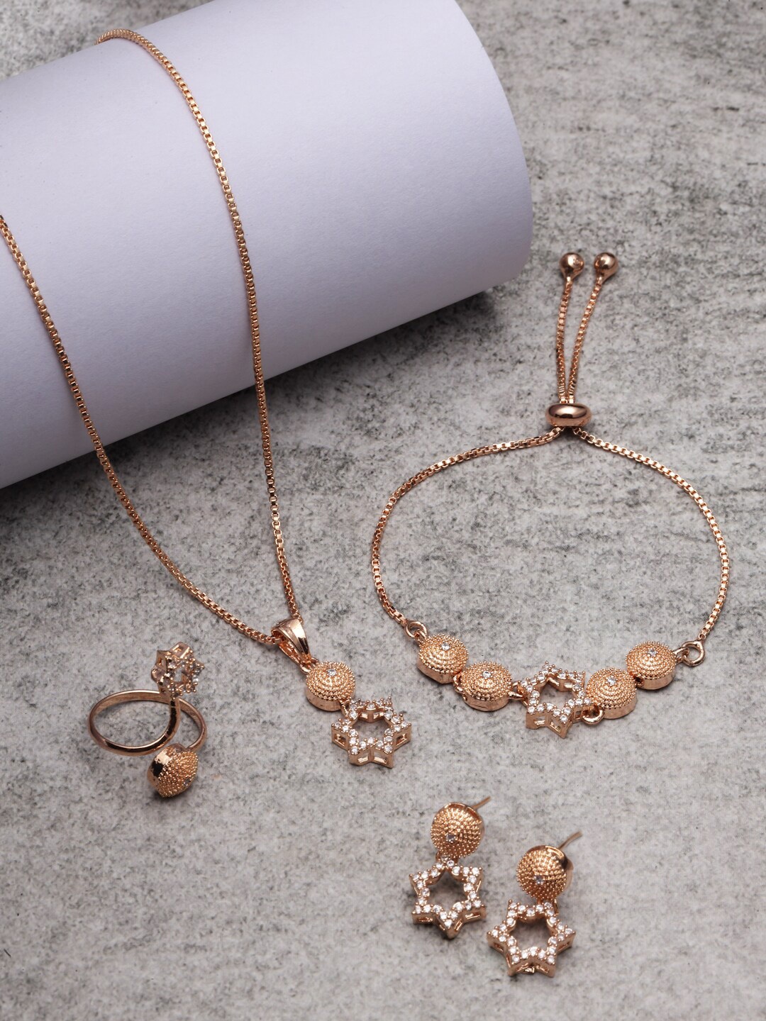 

ZENEME Rose Gold-Plated AD-Studded Jewellery Set