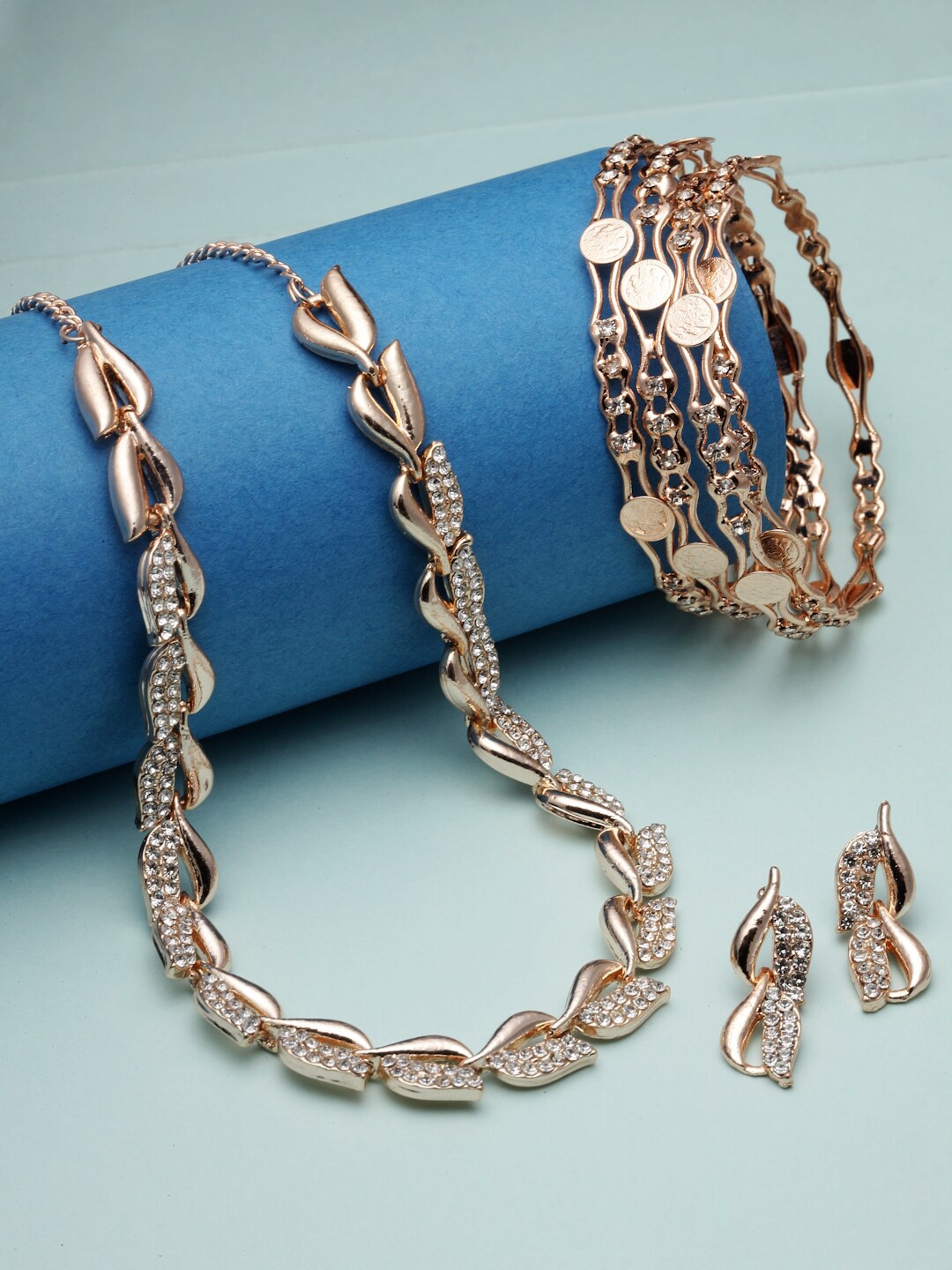 ZENEME Rose Gold-Plated AD-Studded Jewellery Set