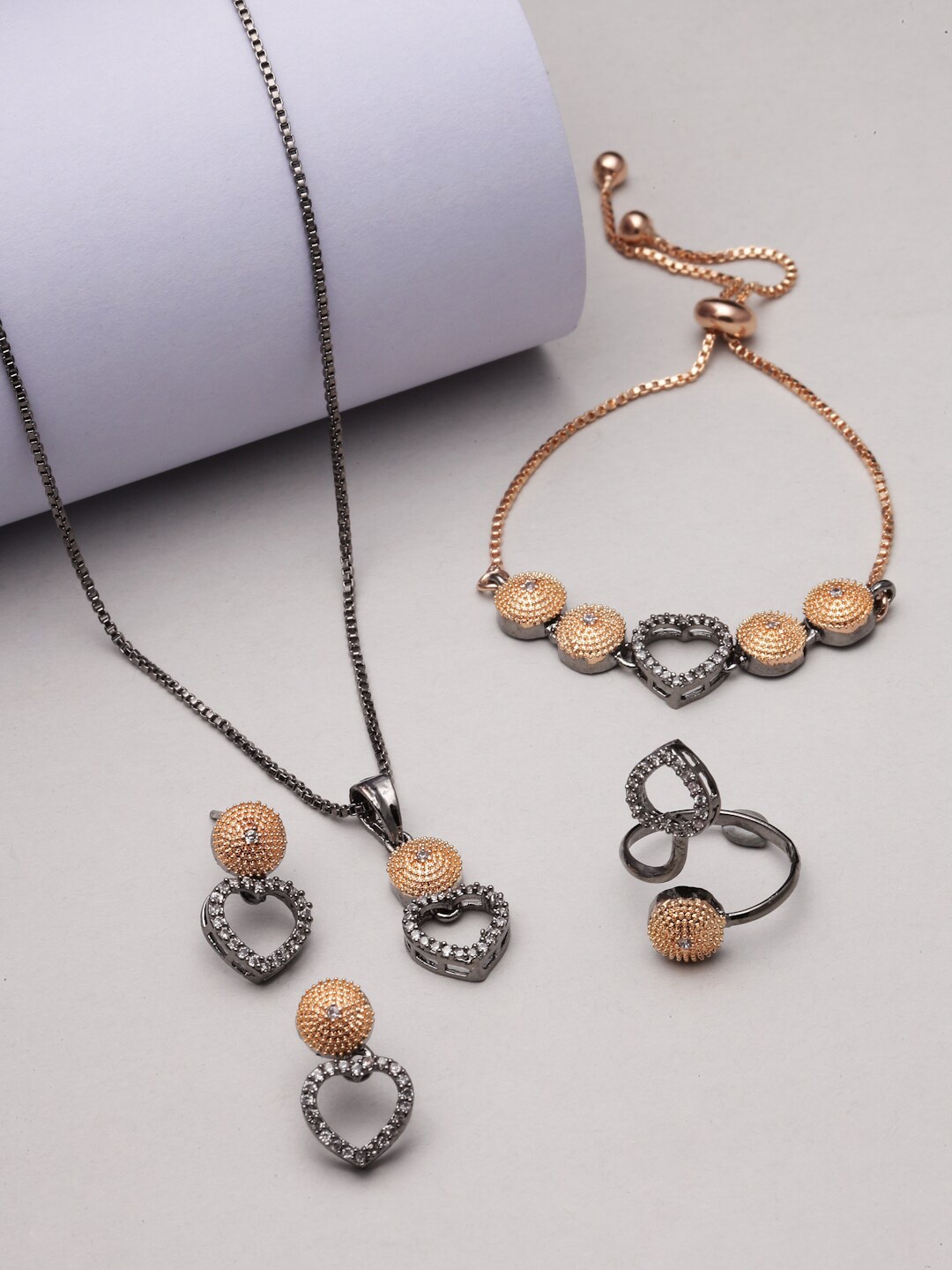 

ZENEME Rose Gold-Plated AD-Studded Heart Shaped Jewellery Set