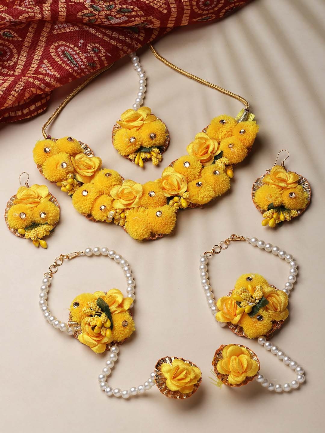 

ZENEME Gold-Plated Gota Patti Flower Jewellery Set, Yellow