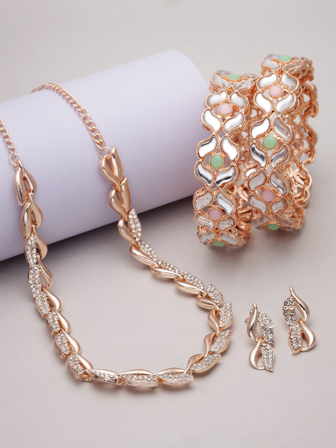 

ZENEME Rose Gold-Plated AD-Studded Jewellery Set