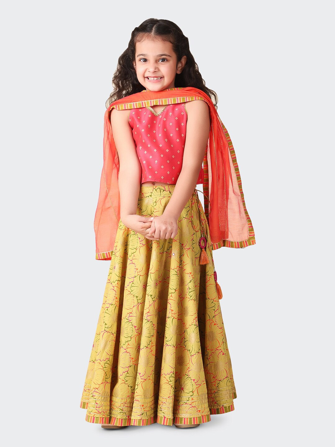 

Fabindia Girls Woven Design Ready to Wear Cotton Lehenga Choli With Dupatta, Pink
