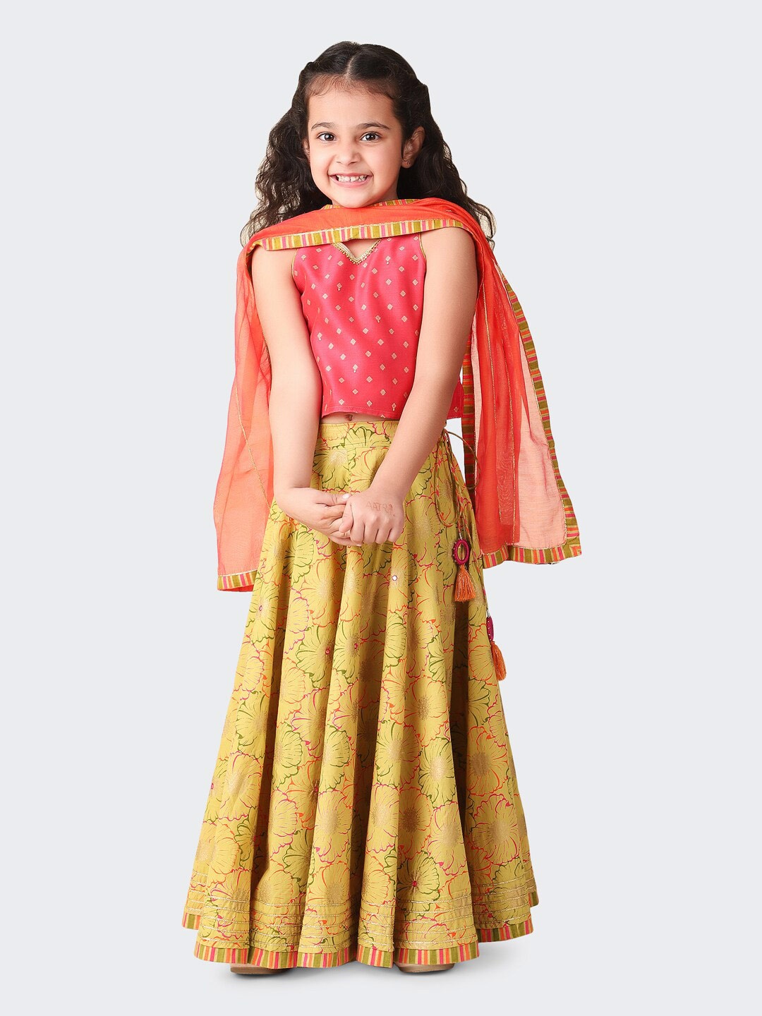 

Fabindia Girls Woven Design Ready to Wear Cotton Lehenga Choli With Dupatta, Pink