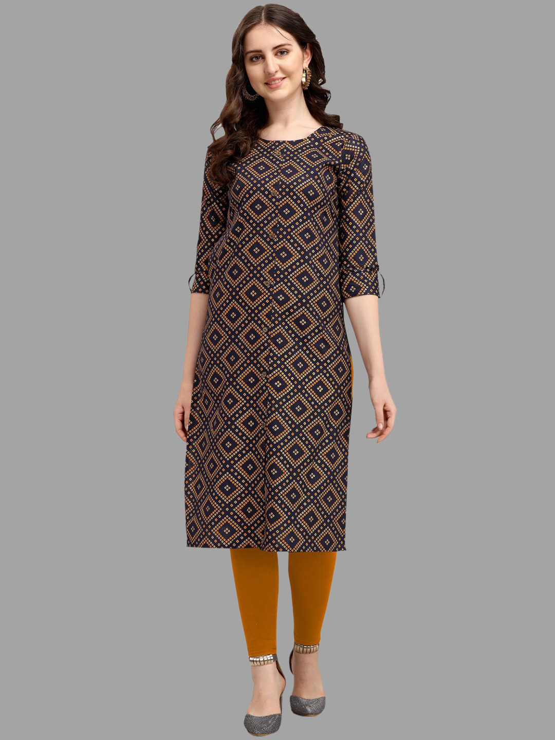 

DEETYA ARTS Ethnic Motifs Printed Pure Cotton Kurta, Navy blue