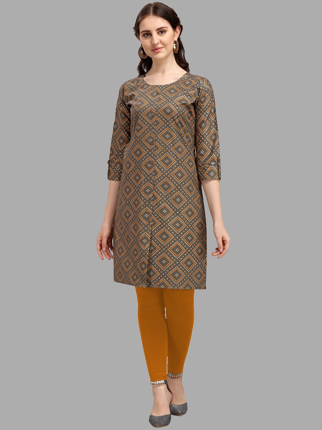 

DEETYA ARTS Bandhani Printed Cotton Kurta, Grey