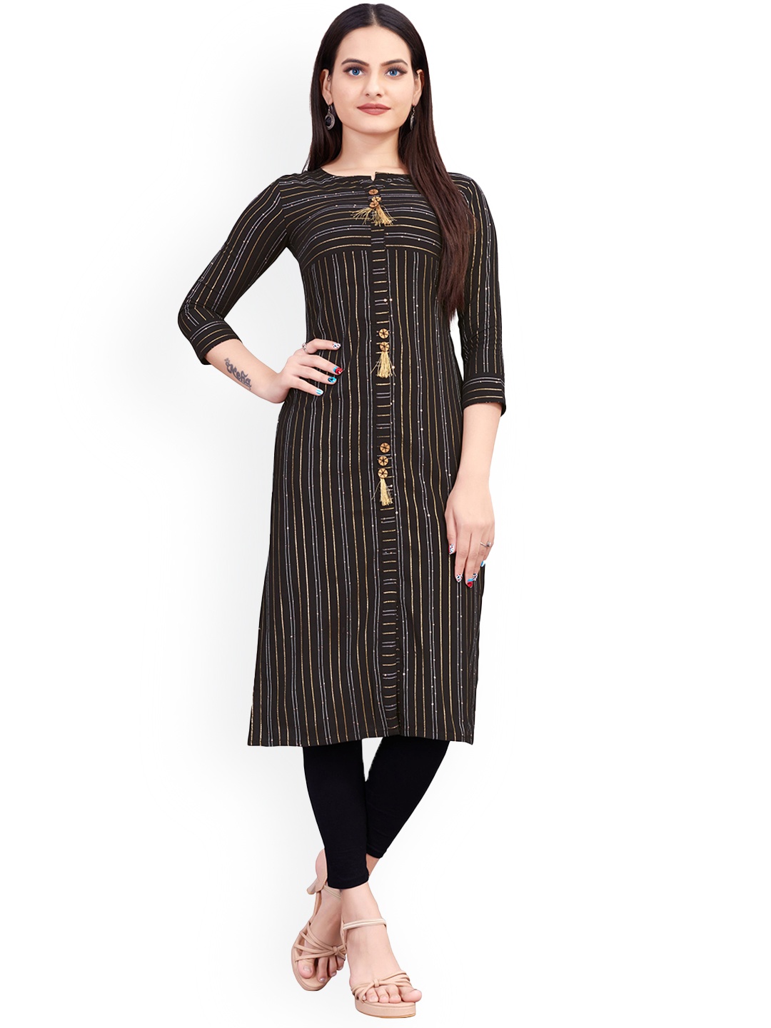 

DEETYA ARTS Striped Sequined Cotton Kurta, Black