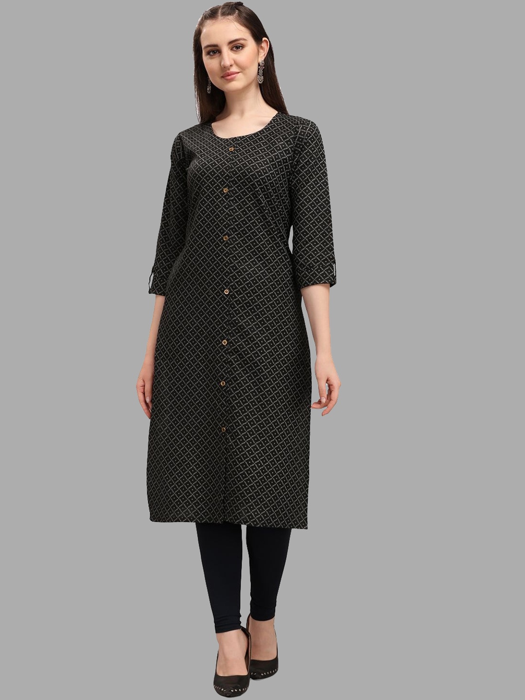

DEETYA ARTS Round Neck Checked Cotton Kurta, Black