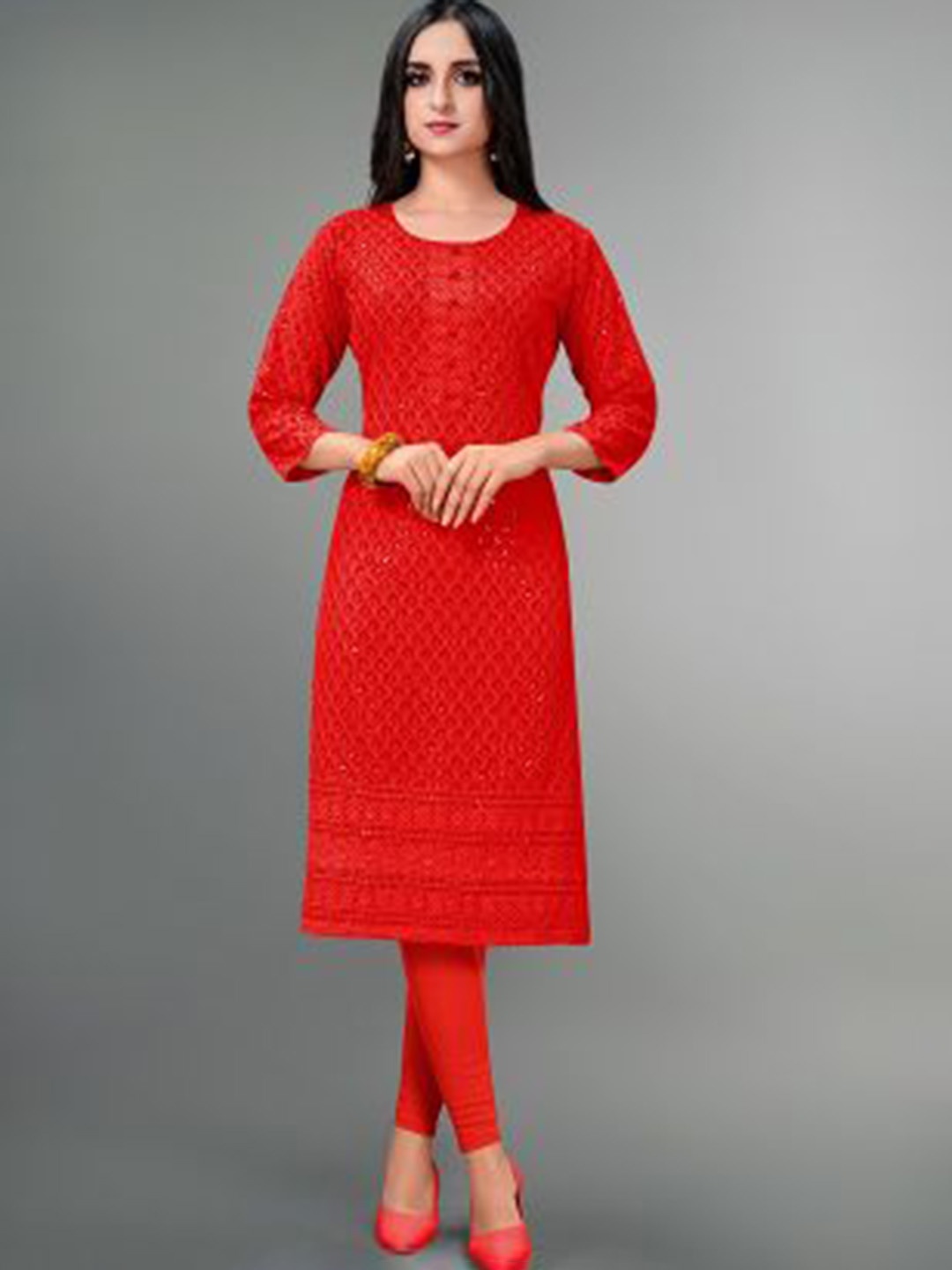 

DEETYA ARTS Ethnic Motifs Embroidered Sequined Kurta, Red